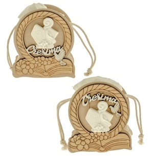 Sacchetto Avorio per confetti con inserto legno e simbolo CRESIMA in gesso h 9 cm confezione 6 pz art SC611