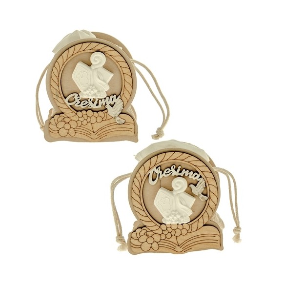 Sacchetto Avorio per confetti con inserto legno e simbolo CRESIMA in gesso h 9 cm confezione 6 pz art SC611