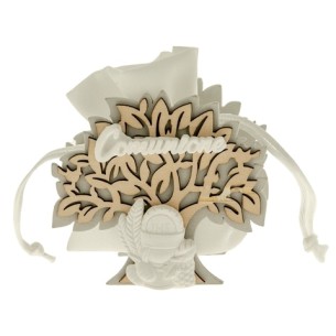 Sacchetto Bianco per confetti con inserto Albero della vita legno e simbolo COMUNIONE e scritta in gesso h 8 cm confezione 6 pz 
