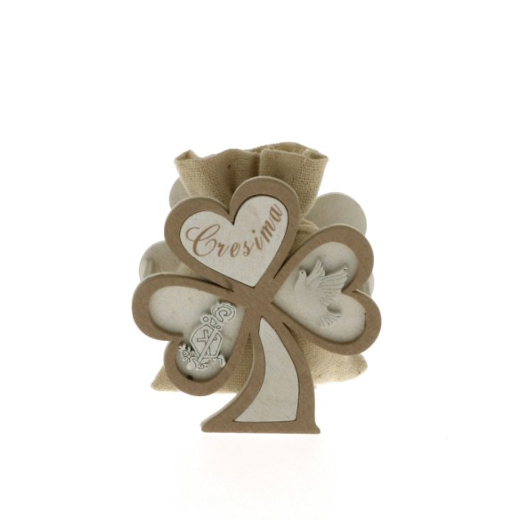 Sacchetto in tessuto Beige porta confetti con inserto Cresima e Quadrifoglio in legno Confezione 6 pz art SC486