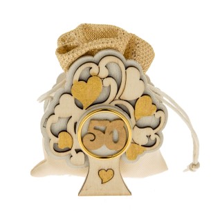 Sacchetto in tessuto Bianco Oro porta confetti con inserto albero della vita in Legno simbolo 50 esimo anniversario h 8 cm confe
