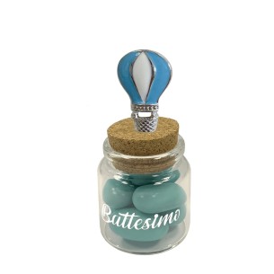 Bomboniera Barattolo vetro confetti inserto Mongolfiera Celeste Battesimo Nascita  h 8 cm Conf 6 pezzi pz art 12A015