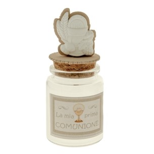 Bomboniera Barattolo in vetro porta confetti tonda inserto tappo simbolo COMUNIONE Gesso h 11 cm confezione 12 pz art SC625