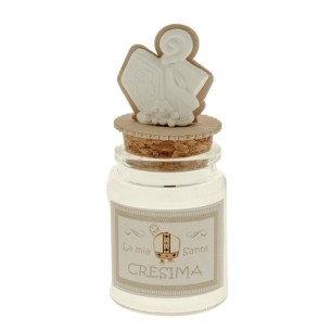 Bomboniera Barattolo in vetro porta confetti tonda inserto tappo simbolo CRESIMA Gesso h 11 cm confezione 12 pz art SC626