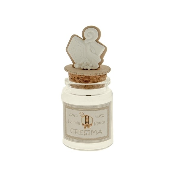 Bomboniera Barattolo in vetro porta confetti tonda inserto tappo simbolo CRESIMA Gesso h 11 cm confezione 12 pz art SC626