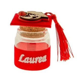 Bomboniera Barattolo vetro confetti con inserto Cappello TOCCO mappamondo Legno Laurea Rosso h 7 cm Confezione 12 pz art SC633