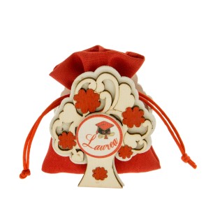 Sacchetto in Cotone Rosso porta confetti con inserto albero della vita in Legno confezione 6 pz art SC576