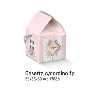 Scatola bomboniera tipo CASETTA rosa con inserto fiori e scritta LOVE oro manico corda 5,5 x 5,5 x h 5 cm Confezione 10 pz art 1