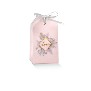 Scatola bomboniera tipo Sacchetto TAG rosa con inserto fiori e scritta LOVE oro 5,5 x 3,5 x h 10 cm set 10 pz art 17872C