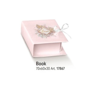 Scatola bomboniera tipo Libro BOOK rosa con inserto fiori e scritta LOVE oro 7 x 6 x h 3 cm set 10 pz art 17867C