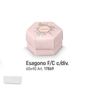 Scatola bomboniera tipo ESAGONO rosa con inserto fiori e scritta LOVE oro 6 x h 4 cm set 10 pz art 17869C