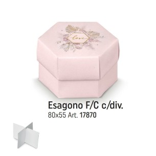Scatola bomboniera tipo ESAGONO rosa con inserto fiori e scritta LOVE oro 8 x h 5,5 cm set 10 pz art 17870C