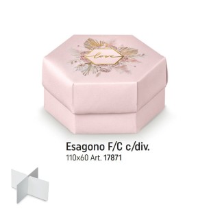 Scatola bomboniera tipo ESAGONO rosa con inserto fiori e scritta LOVE oro 11 x h 6 cm set 10 pz art 17871C