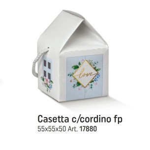 Scatola bomboniera tipo Casetta Bianco con inserto fiori e scritta LOVE oro 5,5 x 5,5 x h 5 cm set 10 pz art 17880C