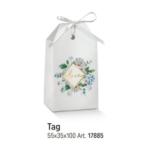 Scatola bomboniera tipo Sacchetto TAG Bianco con inserto fiori e scritta LOVE oro 5,5 x 3,5 x h 10 cm set 10 pz art 17885C