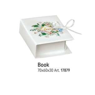 Scatola bomboniera tipo Libro BOOK Bianco con inserto fiori e scritta LOVE oro 7 x 6 x h 3 cm set 10 pz art 17879C