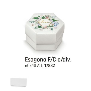 Scatola bomboniera tipo ESAGONO Bianco con inserto fiori e scritta LOVE oro 6 x h 4 cm set 10 pz art 17882C