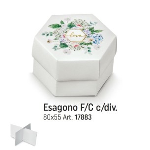 Scatola bomboniera tipo ESAGONO Bianco con inserto fiori e scritta LOVE oro 8 x h 5,5 cm set 10 pz art 17883C