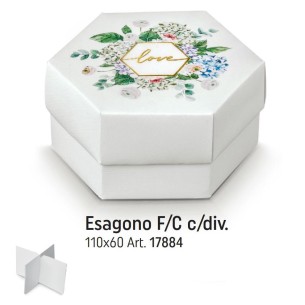 Scatola bomboniera tipo ESAGONO Bianco con inserto fiori e scritta LOVE oro 11 x h 6 cm set 10 pz art 17884C