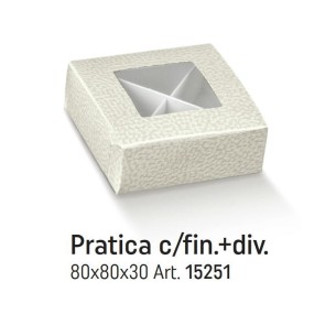 Scatola Confetti modello PRATICA Pelle Bianco finestra trasparente e separatori 10 x 10 x h 4 cm confezione 200 pz Art 15251