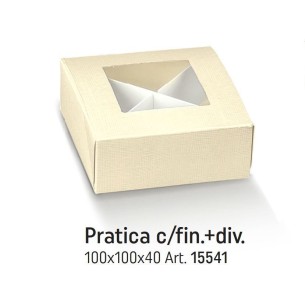 Scatola Confetti modello PRATICA Seta AVORIO finestra trasparente e separatori 10 x 10 x h 4 cm confezione 200 pz Art 15541