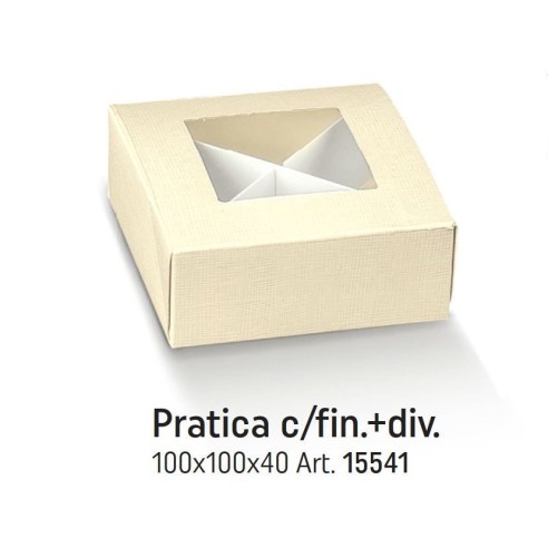Scatola Confetti modello PRATICA Seta AVORIO finestra trasparente e separatori 10 x 10 x h 4 cm confezione 200 pz Art 15541