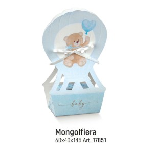 Bomboniera Scatola Confetti sagoma Mongolfiera con Orsetto Celeste LITTLE BEAR 6 x 4 x h 14,5 Cm Confezione 200 pz art 17851C