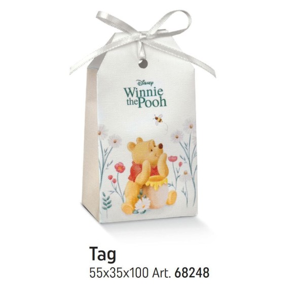Scatola bomboniera tipo Sacchetto TAG bianco con inserto WINNIE THE POOH 5,5 x 3,5 x h 10 cm set 10 pz art 68248C