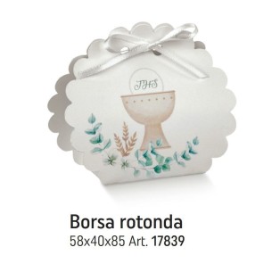 Scatola bomboniera tipo BORSA rotonda bianca con inserto Calice COMUNIONE 5,8 x 4 x h 8,5 cm set 10 pz art 17839C