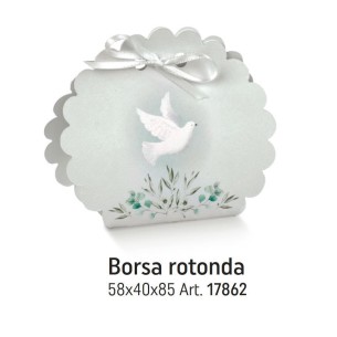 Scatola bomboniera tipo BORSA rotonda bianca con inserto simbolo COLOMBA BIANCA 5,8 x 4 x h 8,5 cm set 10 pz art 17862C