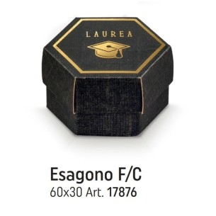 Scatola bomboniera tipo ESAGONO Seta NERO con inserto Cappello Tocco LAUREA 6 x h 4 cm set 10 pz art 17876C