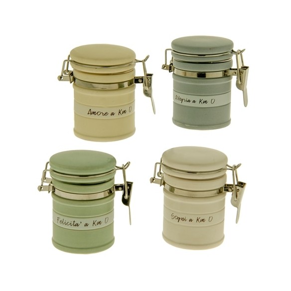 Barattolo ermetico in porcellana vari Colori modello FELICITA' h 8 cm set 4 pz Art 02A056
