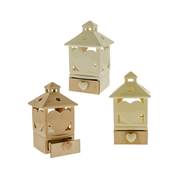 Bomboniera Lanterna Casetta a led in porcellana vari colori con CUORE h 16 cm Set 3 pz art 02A136