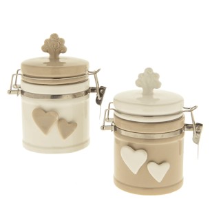 Barattolo ermetico in Porcellana Bianco Beige con albero della vita e cuori h 13 cm set 2 pz Art 02A009