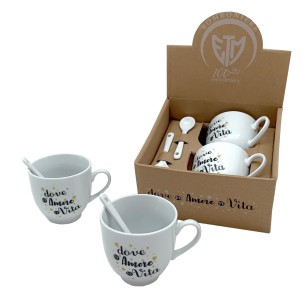 Bomboniera set tazze da Cappuccino in porcellana bianca con Scritta e con scatola h 7 cm  Art 02193